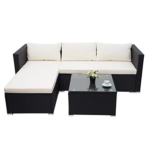 Mendler Poly-Rattan Garnitur HWC-F57, Balkon-/Garten-/Lounge-Set Sofa Sitzgruppe - schwarz, Kissen Creme ohne Deko-Kissen