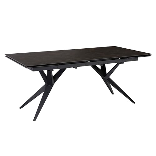 Table de salle à manger extensible en céramique et verre noir - Grande table de cuisine design rectangulaire - 180 à 260 cm - Avec pieds en métal