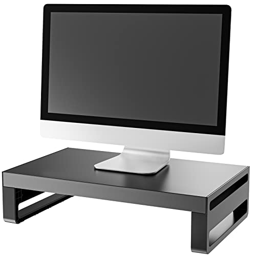 Monitor Stand Riser, Aluminum Desktop Stand with Dust Cover for Computer, iMac, Laptop, Printer, Notebook and All Plat Screen Display, Ergonomic Tabletop Organizer with Vented Metal, Black (Small)