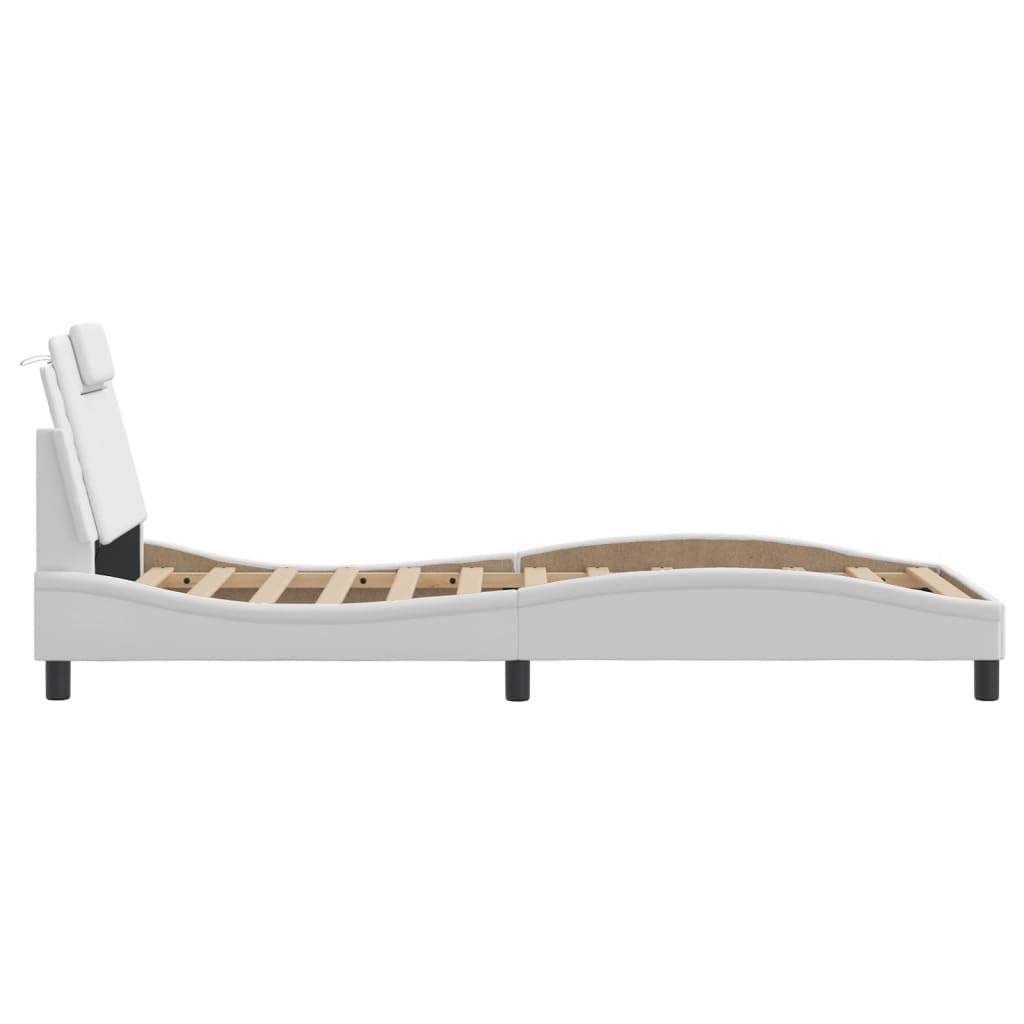 Estructura de cama Viana con LED completamente blanco, 90 x 200 cm, piel sintética, cabecero de madera contrachapada y metal, diseño ondulado, moderno, cama tapizada para jóvenes y