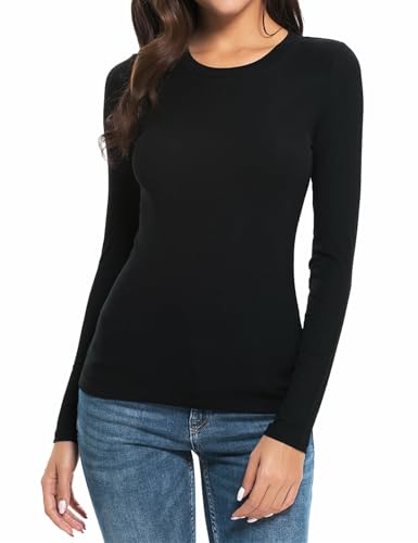Womens Unisex Basic Long Sleeve Crew Neck Comfy Layering Slim Fit Stretch Henley Tees Shirts Top