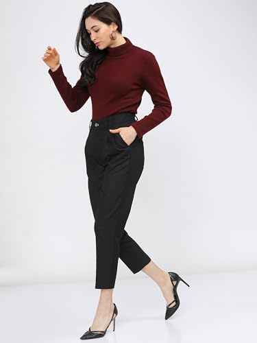 Image of Tokyo Talkies Women's Tapered Fit Cropped Trousers | Stretchable Trousers| Mid-Rise