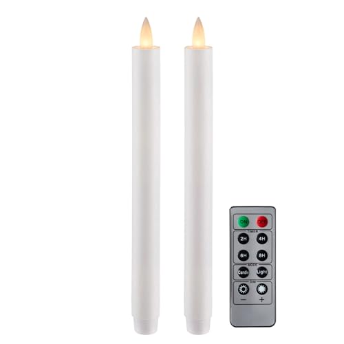 Image of Flameless Taper Candles Flickering with Remote and Timer, 3D Moving Flame Taper Candle Battery Operated to 400 Hours, 9 Inch Window Candles, (White)