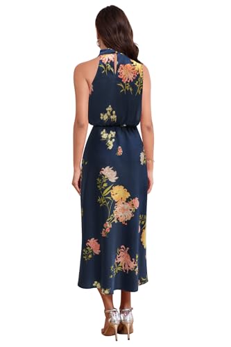 Image of Women's Satin Maxi Dress Summer Formal Wedding Guest Cocktail Dress | Mock Neck Sleeveless,Elegant Silk Midi Long Dress,High Neck,Halter,Aline,Bridesmaid,Bridal Shower Guest,Garden Party,Dinner