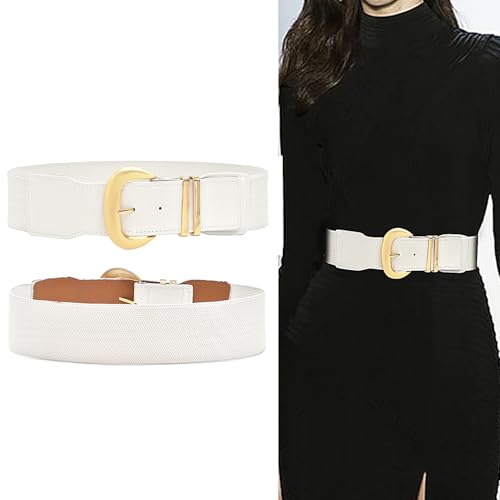 3 Pack Stretch Leather Waist Belts - Wide Elastic Belts with Metal Buckle for Dresses3