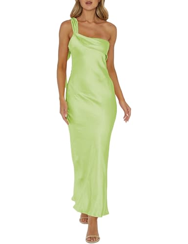 Image of 2026 Satin One Shoulder Maxi Dress for Women Summer Silk Formal Elegant Backless Ruffle Sleeveless Wedding Guest Dresses