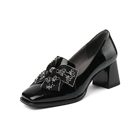 TinaCus Women's Square Toe Glossy Patent Leather Handmade Bowknot Mid Chunky Heels Pumps Shoes, Black, 4.5 Cover