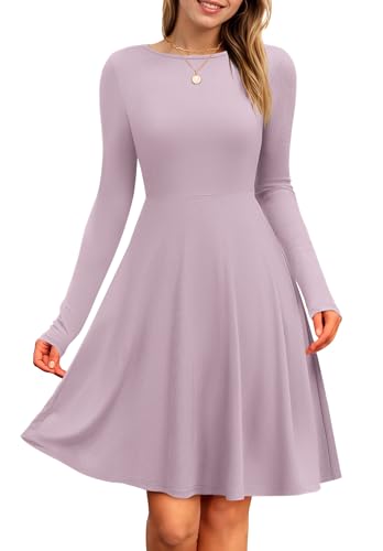 PLOKNRD Damen Strickkleid Herbst Langarm Kleider Elegant A-Linie Rundhalsausschnitt Freizeitkleid Winterkleid (Asche Rose,M)