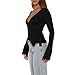 Women Lace Trim Ballet Wrap Tops Going Out Slim Fitted V Neck Workout Yoga Pilates Top Tie Up Long Sleeve Shirts (Black, S)
