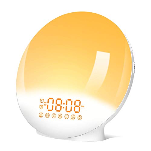 Wecker mit Sonnenaufgang/Sonnenuntergangs-Simulation, Doppelalarm, Schlummerfunktion, FM-Radio, Nachttischlampe, 7 natürliche Klänge, 7 Farben, 20 Helligkeit, UK-Stecker