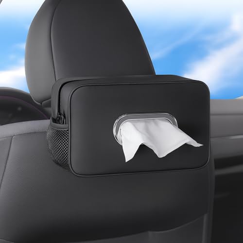 Multi-Functional Car Tissue Holder with ‌2 Storage Nets, Upgraded PU Leather Tissue Box Cover, Large Rectangle Napkin Organizer Fit for 100-150 Regular Size Tissues, Keep Car Tidy, Black