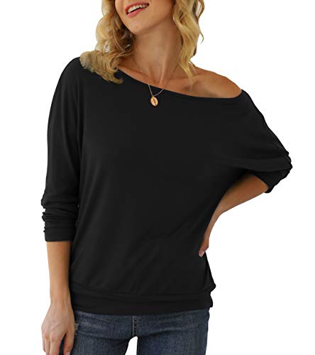 AWULIFFAN Tops for Women Sexy One Shoulder Tops Banded Waistband Shirts 3/4 Sleeves(Black,Small)