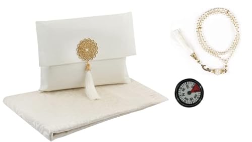 Imani Aksa Musliman-Geschenk (Gebetsteppich mit Tasche), tragbar, Gebetsteppich Muslim, Seccade-Islam-Ramadan, Aid Hajj, Umrah, Hochzeit, Geburt, Mevlid (Weiß 2 (Tasbih und Kompass) Cover
