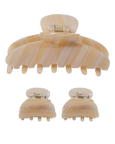 Ufgin Acetate Hair Claw Clips for Women 3.9 Inch Large French Banana Clip and 2 PCS Small No-Slip Claw Clips for Thick or Thin Hair（Beige）