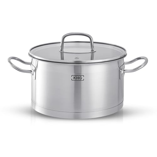 KHG Topf Kochtopf Fleischtopf 20 cm Induktion, Edelstahl unbeschichtet inkl. Glasdeckel | 11,5 cm hoher Rand, 3 Liter Volumen | spülmaschinengeeignet, für alle Herdarten geeignet