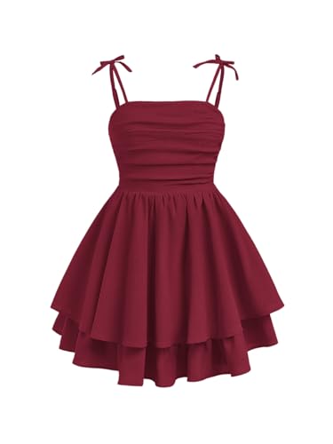 SHENHE Girls Smocked Ruched A Line Swing Dress Layered Tie Shoulder Flowy Cami Short Dress Burgundy 13Y