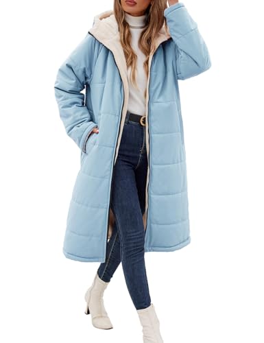 VXVGER Damen-Wintermantel, Fleece, lange Mäntel, Jacken, übergroß, warme Daunenjacke mit Kapuze, Blau, Large