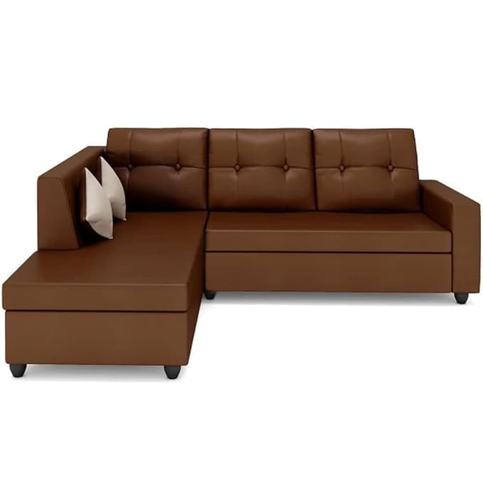 Image of FURNY Nathanie 4 Seater Leatherette LHS L Shape Sofa Set (Left Facing-Brown) | Durable Comfort | Modern Design | Ideal for Living Room