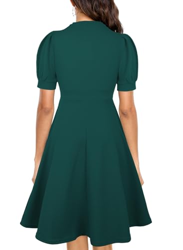 Image of Mokayee Womens Summer Short Puff Sleeve Casual Semi-Formal Fit and Flare Church Wedding Guest Work Dresses with Pockets
