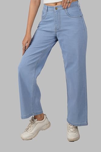 Image of Zayla Women's Denim Wide Leg Jeans I Stretchable Full-Length High Rise Waist Baggy Pants I Clean Solid Relaxed Fit Pant I Stylish & Trendy Look I for Office Party Home Girls (CG-2) (28, Light Blue)