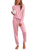 Ekouaer Pajamas Womens Long Sleeve Pj Set 2 Piece Loungewear Soft Comfy Sleepwear with Jogger Pants,Pink,L