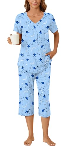 Image of Bestbee Women's Pajama Sets 2 Piece Lounge Outfits Summer Sleepwear V Neck Short Sleeve Capri Pant With Pockets Ladies Pjs