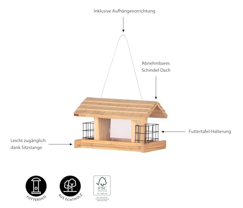 Dehner Natura Premium Wildvogel Futterhaus Aosta, Futterstation für Wildvögel, Vogelhaus robust / hängend, inkl. Aufhängevorrichtung, ca. 17.5 x 19 x 28 cm, aus FSC-zertifiziertem Kiefernholz, braun