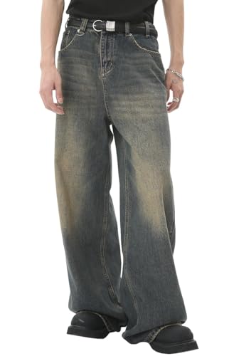 [D.IIZOO] 無地 デニム ストレートパンツ ワイドデニムパンツ ルーズシルエット 大きいサイズ ジーンズ メンズ ジーパン バギーパンツ ゆったり カジュアル シンプル 春 秋 カッコイイ おしゃれ E1225B (M, ブルー)