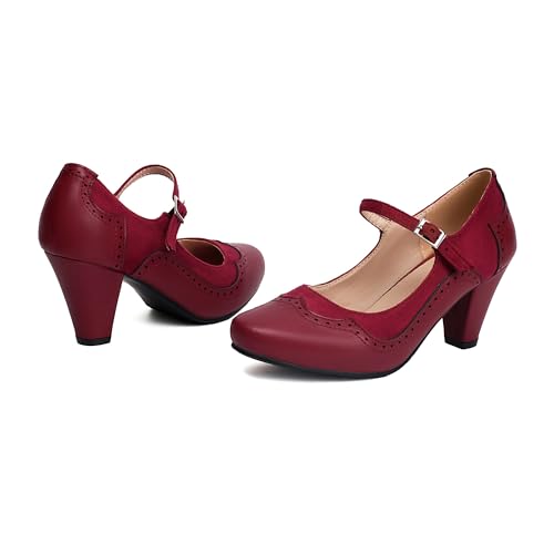 Elerhythm Women's Mary Jane Classic and Retro 1920s Pump Heels Gatsby Oxford Pattern 1950s Pinup Vintage Round Closed Toe 1940s Ankle Strap Dress Shoes2