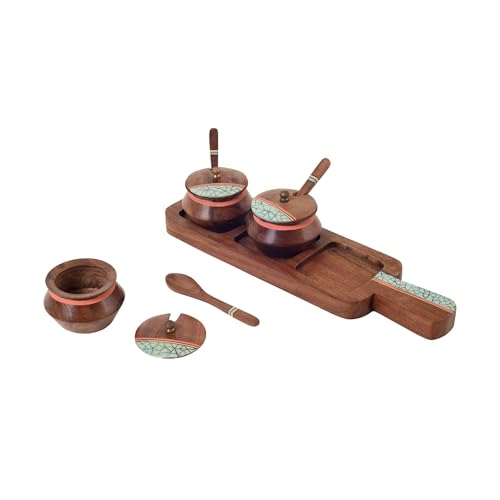 Image of AAKRITI ART CREATIONS Rustic Charm Wooden Pickle Organizer | Handcrafted Abstract Art Storage Handi | Kitchen Decoration Items Stylish Tray & Handi | Kitchen Handi with Wooden Tray