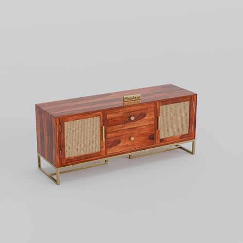 Image of Sheesham Wood Wooden tv Unit for Living Room 55 inch TV Furniture - Entertainment Unit Solid Wood tv Table for Living Room 55 inch TV Console with 2 Drawers, 4 Shelves & Ratan Door