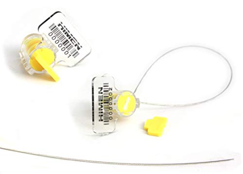 100 Precintos de Seguridad de plástico con cable de HIMEN | numerados consecutivamente | con CÓDIGO DE BARRAS | Longitud 300 mm | TRS-05x7 | sellos | amarillo