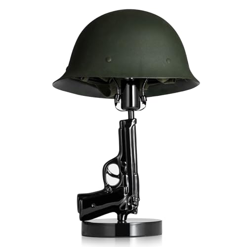 CHABEI Modern Gun Table Lamp,Floor Lamp,Electroplated Gun Body with Real-Steel Helmet Shade,Rustic Pistol Tabletop Lamp-Country Farmhouse Man Cave Decor,Home Decor(Black Handgun-01)