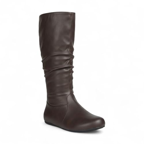 ABSOLEX Womens Soft Slouchy Mid-Calf Flat to Low Heel Pull On Fall Weather Winter Boots Brown Pu 8.5