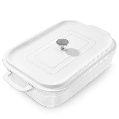 Casserole Dish,Large Baking Dish Cookware,Deep Lasagna Pan for Oven,Ceramic Bakeware for Baking, Easy to Clean (White, 5 Quart,With Lid)