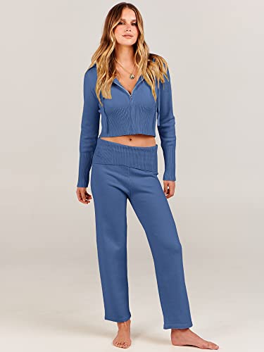Anrabess 2 Piece Outfits For Women Sweat Suit Knit Sweater Set Loungewear Matching Set Jumpsuit 2023 Fashion Clothes Sweatsuit Jogger Tracksuit B945Shenhailan-Xl #TOP1