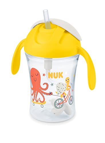 NUK Vaso de polipropileno (PP) Motion Cup para aprender a beber, 230 ml, pajita suave a prueba de fugas, asas ergonómicas, 8 meses o más, sin BPA, amarillo