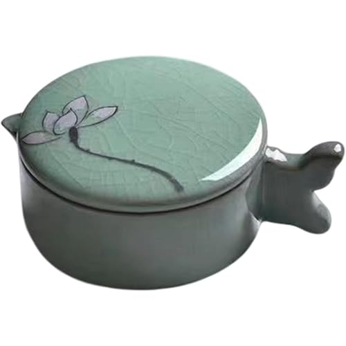 Vlwm 硯石 青磁 円硯 墨池 書道液・顔彩用 多機能 蓋付き 揮発しにくい 筆置きがと筆ならしが付き 書道具 文房具 (E)