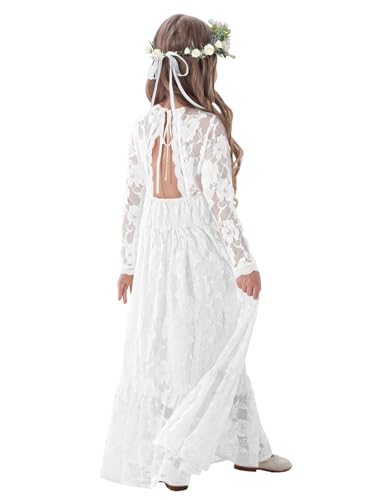 ALLOVIN Long Sleeve Boho Lace Flower Girl Dress, A-Line Ruffle Wedding Baptism Party Dress for Girls 3-12 Years | White | 6-7Y