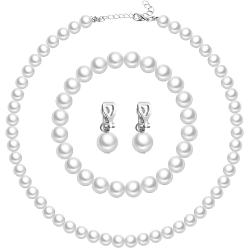 Aurelema 3 Pcs Pearl Jewelry Set Faux Pearl Clip on Earring Necklace Bracelet for Women Bridesmaid Birthday Wedding Gift(10 mm White)