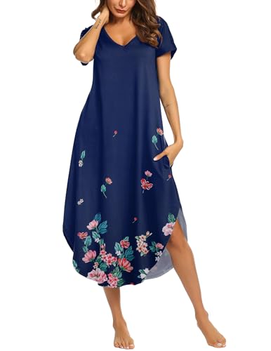 Image of Ekouaer Long Nightgowns for Women Short Sleeve House Dress with Pockets V Neck Sleepshirts Side Split Sleepwear S-4XL