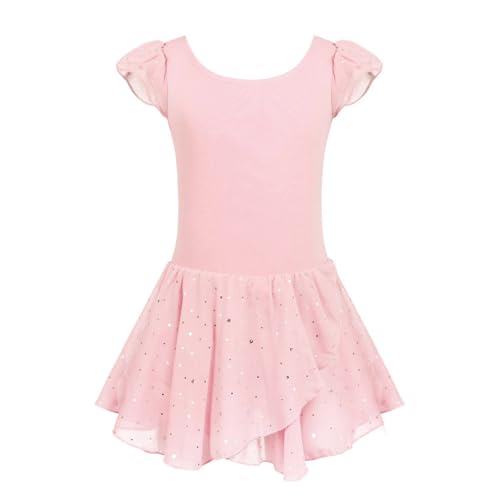 Girls Ruffle Sleeve Ballet Dance Dress Tulle Tutu Dress Shiny Mesh High Low Skirted Leotard