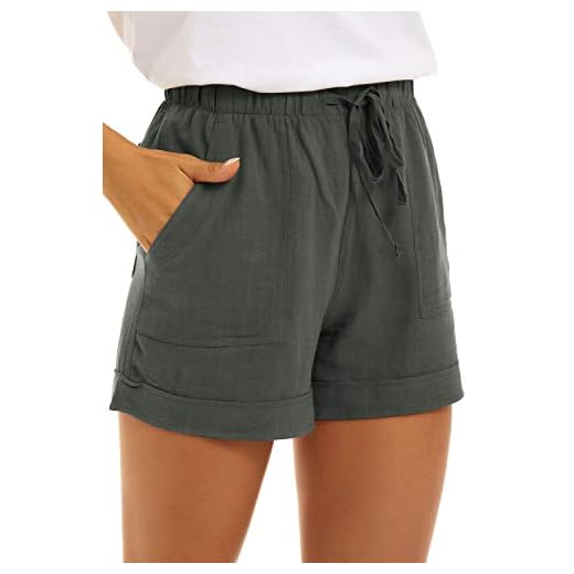 FANGJIN Bermuda Short Court Ample Femme Sport avec Poche Grande Taille Haute Dété Elastique Lin Pants Fitness Sexy Sport Coton Droit Pantalon Vert Foncé XL