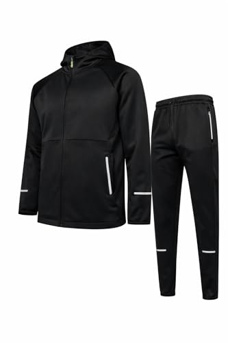 Image of Comfort Collections Men’s Tracksuit Set – Hooded Zip Up Jacket & Jogger Bottoms, Zipped Pockets, Reflective Detail, Gym Running Casual Sportswear (UK, Alpha, L, Regular, Regular, Black)