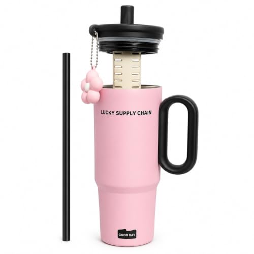 Image of Vasukie Tumbler with Handle & Straw Lid - Leakproof Travel Mug for Hot & Cold Drinks, Reusable Coffee Cup, Cute Pink Design with Charm, Office, Gym & Travel Use