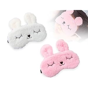 KAPSING 2 Pcs Eye Mask Sleep Mask, Blindfold for Sleeping, Sleep Mask Kids and Girls, 3D Cute Animals Sleep Mask, Breathable Eyeshade(White&Pink)