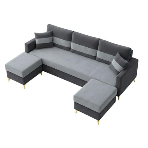 Image of SOCOZI Bastian 5 Seater L Shape Sofa Set with 2 Movable Ottomans | Flexible Layout| Soft Velvet Suede Fabric|Modern Sofa with Golden Legs|Comfort Cushions for Living Room (Light Grey-Dark Grey)