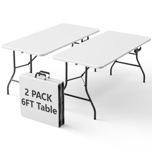 2 Pack Folding Table 6ft - Heavy Duty Plastic Table with Handle, Foldable & Portable, Fold-in-Half...