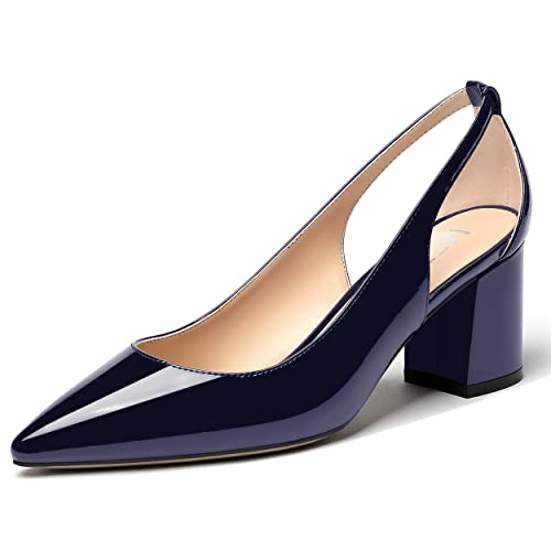 MERRORI Women's Pointed Toe Sexy Chunky Patent Party Evening Mid Heel Cut Out Evening Party Shoes Slip On Pumps Shoes 2.5 Inch