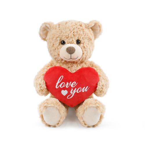 JUSTQUNSEEN Valentine's Day Teddy Bear Heart-Holding Gift - 8.6 Inch Light Brown Bear Soft Stuffed Plush Animal, Idea Gift for Her Girlfriend Mom Girls, Cute Plush Toy for Kids Adults